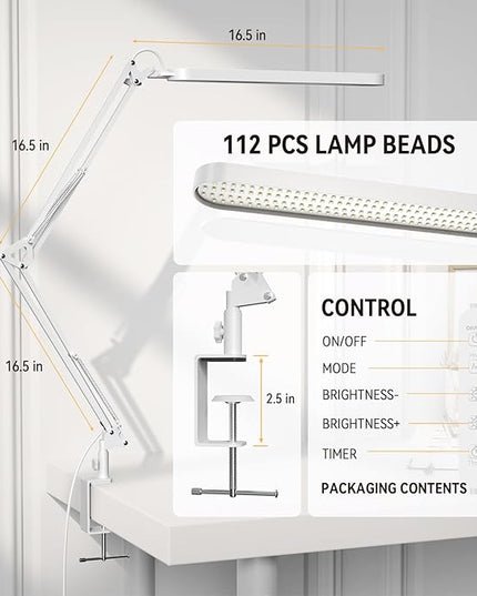 SKYLEO Led Desk Lamp - 31.5" Desk Light - 5 Color Modes X 11 Brightness Levels - Adjustable Swing Arm - Timmer & Memory Function - 12W Study Lamp - White