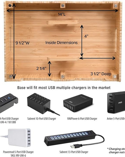 MobileVision Bamboo 12-Port Charging Station & Docking Organizer for Smartphones & Tablets, Family-Sized, for use in Corporate Offices & Classrooms (2 Bamboo Iwatch Adapter Stand add on Included)