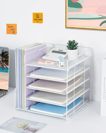 LEKETREE Desk Organizers and Accessories, 5-Tier Paper Letter Tray Organizer with File Holder, Desktop Organizer for Office Supplies (White)
