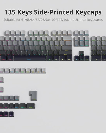 Cherry Profile Side Printed PBT Keycaps, 135 Key Minimalist Double Shot Shine Through Custom Keycap, Gradient Key Cap for Cherry MX Switches Mechanical Keyboard (Grey/Side Print)