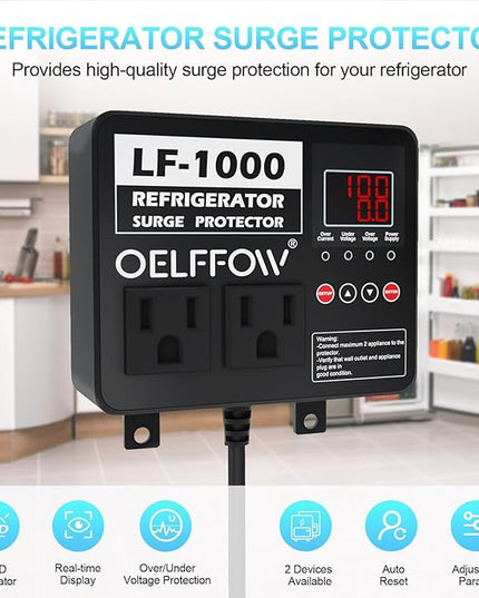 Refrigerator Surge Protector, Time Delay and Real-time Display, Voltage Protector, 2 Outlet Surge Protector for Home Appliances, with Mounting Screws, Black