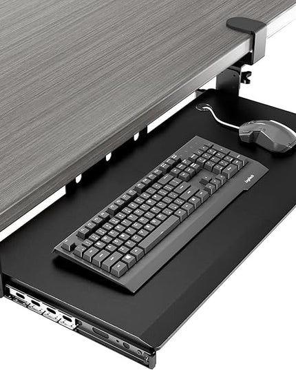 AX WABER Keyboard Tray Under Desk Pull Out with Extra Sturdy Adjustable C Clamp Mount System, 27.3 (32.5 inch Including Clamps) x 11 Inch Slide-Out Platform Computer Drawer for Typing, Black,AX01WB01