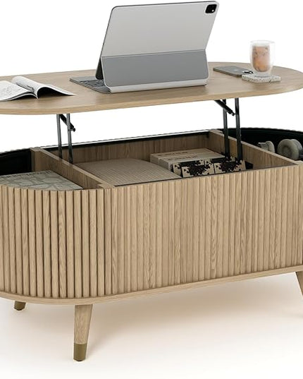 JOINICE 42.5" Oval Lift Top Coffee Table with Storage, Mid Century Modern Oak Center Table with Fluted Panel, Solid Wood Legs & Hidden Compartment for Living Room