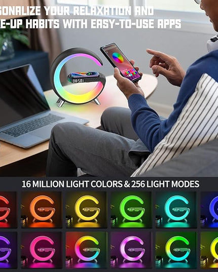 Smart Lamp with Wireless Charger & Bluetooth Speaker, 4-in-1 Multifunctional Desk Light, App Control, Night Light, Alarm Clock for Home, Office, Bedroom Decor (Black)