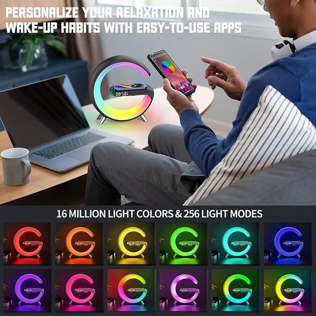 Smart Lamp with Wireless Charger & Bluetooth Speaker, 4-in-1 Multifunctional Desk Light, App Control, Night Light, Alarm Clock for Home, Office, Bedroom Decor (Black)