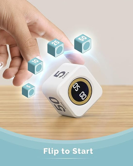 KADAMS Pomodoro Cube Timer Productivity Visual Timer - 5/10/25/50 Min Rotating Countdown, Customize Countup Silent Mode- for Work Study Cook Workout Kitchen Back to School Classroom (White, 2 Pack)