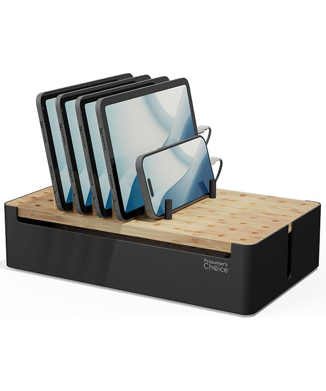 Prosumer's Choice Black Wooden Charging Station Organizer for Multiple Devices - Cable Management Box with 5 Slots and Removable Dividers - Charger Organizer for Phone, Tablet, Home, Office, 12"x6"x7"