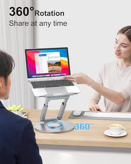tounee Telescopic Laptop Stand for Desk with 360° Swivel Base, Sit to Stand, Height Adjustable, Portable Riser Holder for Good Posture, Compatible with All Laptops 10-17"-Silver