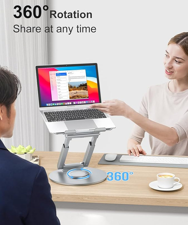 tounee Telescopic Laptop Stand for Desk with 360° Swivel Base, Sit to Stand, Height Adjustable, Portable Riser Holder for Good Posture, Compatible with All Laptops 10-17"-Silver
