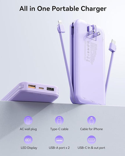12000mAh Ultra-Portable-Charger-Power-Bank with Built in Cables&AC Wall Plug,PD20W USB-C Fast Charging Cell Phone Charger Battery Pack,LED Display Travel Battery Bank for All iPhone,Samsung,Android