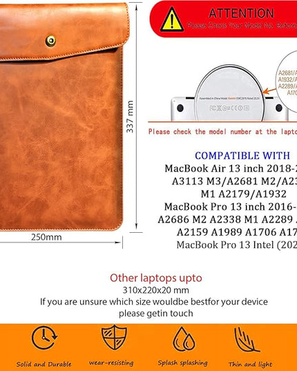 Genuine Leather Laptop Sleeve Compatible with 13 Inch MacBook Air M4 M3 M2 M1,Vertical Case for MacBook Pro M2 2022 M1 2020-2016, Brown