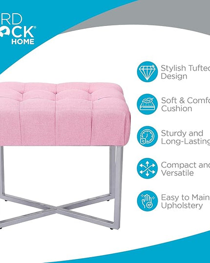 BIRDROCK HOME Rectangular Tufted Foot Stool Ottoman with Soft Padded Cushion - Versatile Vanity Chair for Bedroom, Living Room, Bathroom - Compact Seating for Adults - Pink with Silver Metal Legs