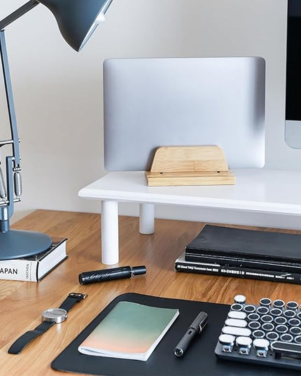 Bamboo Dual Monitor Stand Riser White, Desk Monitor Riser for 2 Monitors, Supports for PC Computer Monitor, Printer, Heavy TV Riser up to 300 lbs, White