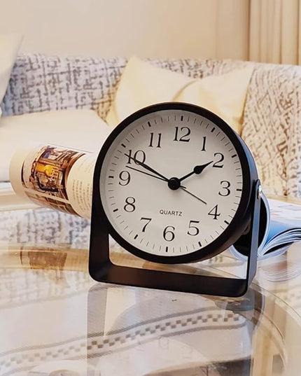 SCOAGE Small Luminous Desk Analog Alarm Clock Metal Bracket 360° Rotating Shelf Clock with Light Battery Powered Bedside Silent Cute Alarm Clock for Heavy Sleepers Elderly and Children Office Bathroom