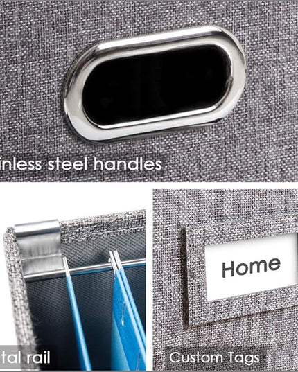 PRANDOM File Organizer Box - Set of 2 Collapsible Decorative Linen Filing Storage Hanging File Folders with Lids Office Cabinet Letter Size Grey (14x9.3x10.8 inch)