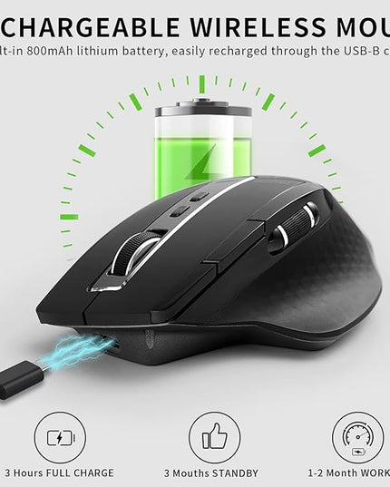Rapoo Bluetooth Wireless Mouse, 4 Adjustable DPI Rechargeable, Multi-Device (3 Bluetooth+USB) Programmable Ergonomic Mouse with Side Roller, Laser Mouse for Laptop Desktop PC