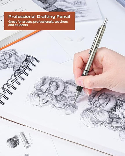 Nicpro 0.9 mm Art Mechanical Pencils Set in Case, 6 PCS Metal Drafting Pencil 0.9mm Lead Pencil with 6 Tube HB Lead Refills, 3 Erasers, 18 PCS Eraser Refills for Artist Writing, Drawing, Sketching