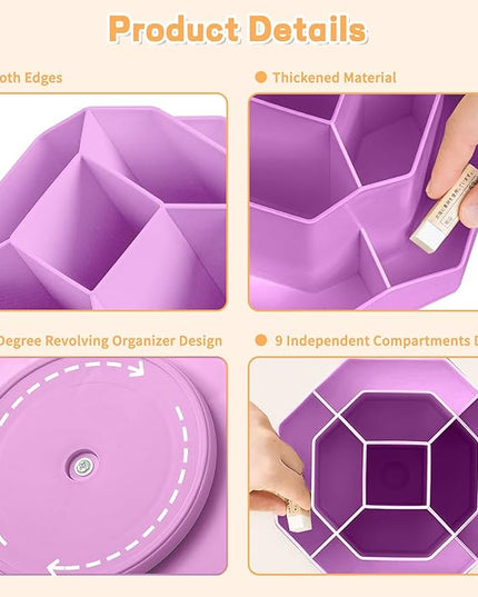 Pencil Pen Holder for Desk,9 Slots 360 Degree Rotating Desk Organizers,Desktop Storage Stationery Supplies Organizer, Cute Pencil Cup Pot For Office, School, Home(Purple)