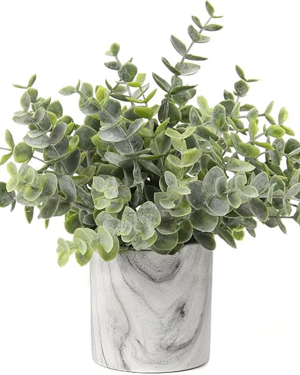 Hollyone Mini Artificial Potted Plants Fake Plants in Marble Pots, 1Pcs Plastic Eucalyptus Greenery Faux Plants for Home Office Desk Room Centerpiece Shelf Décor