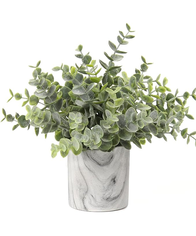 Hollyone Mini Artificial Potted Plants Fake Plants in Marble Pots, 1Pcs Plastic Eucalyptus Greenery Faux Plants for Home Office Desk Room Centerpiece Shelf Décor