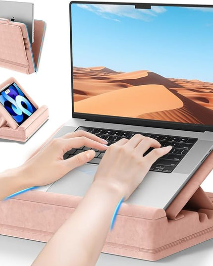 Laptop & Tablet Desk for Lap with Cushion, Computer Lap Desk Laptop Pillow for Couch, Bed, Car, Adjustable Computer Pillow Stand As Carrying Case for up to 15'' PC/Mac, Tablet, iPad, Kindle, Pink