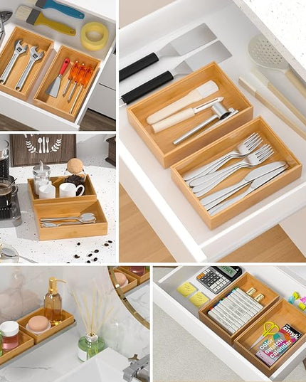 Silverware Tray for Drawer, Stackable Kitchen Bamboo Drawer Organizer 9" x 6" x 2" Set of 2
