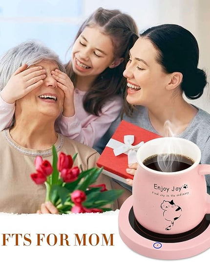 Coffee Mug Warmer, Cute Cat Mug Set, Coffee Cup Warmer for Desk, Gifts for Women, Pink Heated Coffee Warmer for Mom Home Office Christmas Birthday Gifts