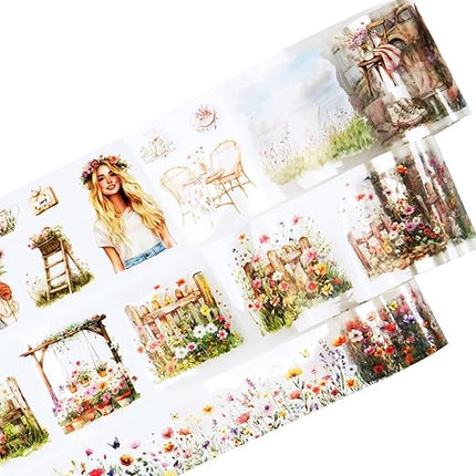 AuriicLeaf Spring Garden PET Tape Set, 3 Rolls Pre-Cut Wildflower Stickers for Scrapbooking, Journaling, DIY Crafts, and Collage Art (30 mm/50 mm/55 mm)