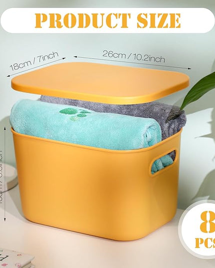 Hoolerry 8 Pieces Colorful Storage Bins with Lid, Plastic Storage Basket Organizing Container Stackable Box with Handle for Shelves Desktop Playroom Office(10.2 x 7 x 6.3 Inch,Yellow)