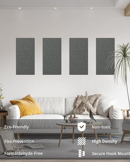 Art3dwallpanels 8 PCS Acoustic Panels, 24''x12'' Fabric Soundproof Wall Panels, Easy-Hook Mounting Sound Absorbing Panels for Studios, Office, Home Theater,Dark Grey