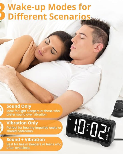 Loud Vibrating Alarm Clock for Heavy Sleepers with Bed Shaker Under Pillow, Hearing Impaired/Deaf/Teens, Dual Alarms, Adjustable Date, Nightlight & Battery Backup, Large LED Digital Display, 12/24H