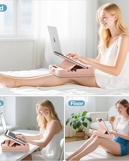 Laptop & Tablet Desk for Lap with Cushion, Computer Lap Desk Laptop Pillow for Couch, Bed, Car, Adjustable Computer Pillow Stand As Carrying Case for up to 15'' PC/Mac, Tablet, iPad, Kindle, Pink
