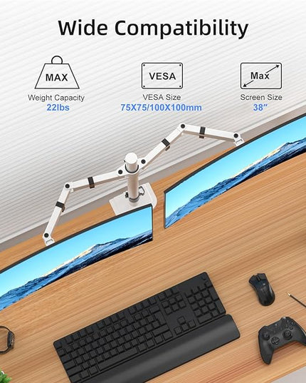Suptek Dual Monitor Desk Mount, Adjustable Dual Monitor Arm for 2 Monitor Screens up to 38 inch, Extra Tall 15.75" Pole Monitor Stand for Desk, Holds up to 22 lbs,White(MD9442MW)