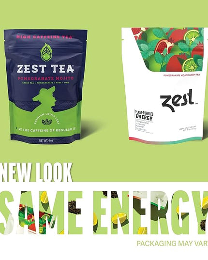 Zest Energy Green Tea - Pomegranate Mojito Loose Leaf Blend - High Caffeine Peppermint - Caffeinated Coffee Substitute - Natural, Non-GMO & Keto Friendly - Hot or Iced - 50 Servings - 135mg Caf