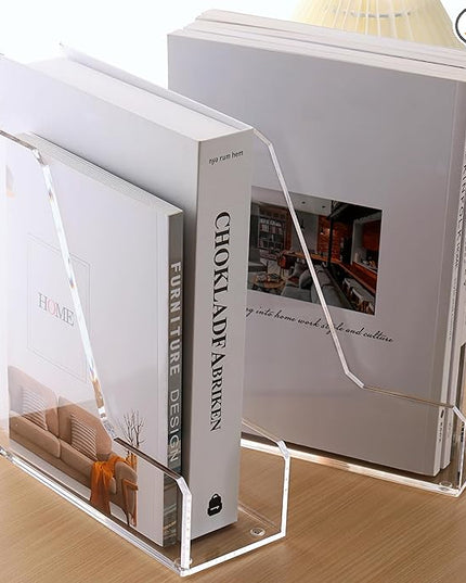 Acrylic Magazine Rack File Holder Desk Organizers and Storage 2-Pack Small Clear Acrylic Vertical Magazine Holder Book Stand for Office Desk