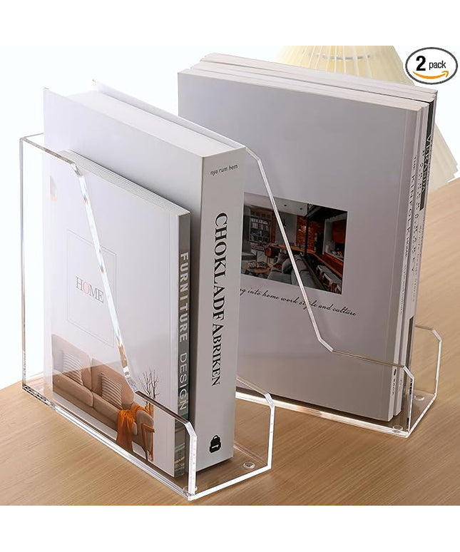 Acrylic Magazine Rack File Holder Desk Organizers and Storage 2-Pack Small Clear Acrylic Vertical Magazine Holder Book Stand for Office Desk