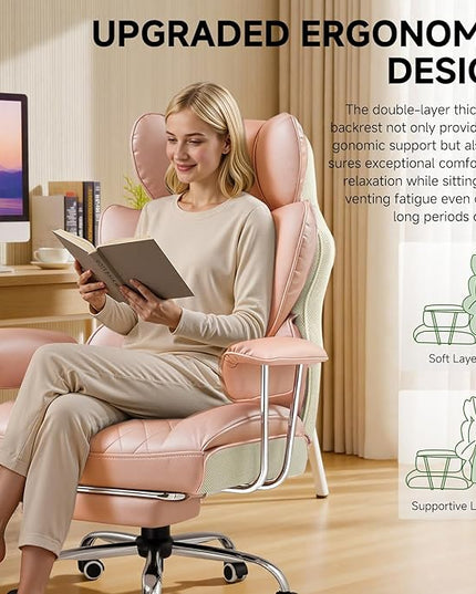 COMHOMA Big and Tall Office Chair, High Back Leather Gaming Chair with Footrest, Executive Ergonomic Office Chairs with Pocket Spring Lumbar Support and with Outward Fixed Soft Armrests