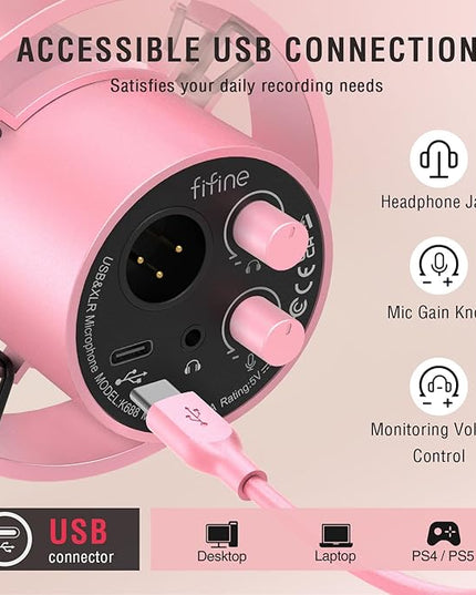 FIFINE XLR/USB Dynamic Microphone, Studio XLR Vocal Podcast Microphone for Recording, USB Streaming Mic with Mute Button, Gain Knob, Headphones Monitoring for Voice-Over, Video-Amplitank K688 Pink