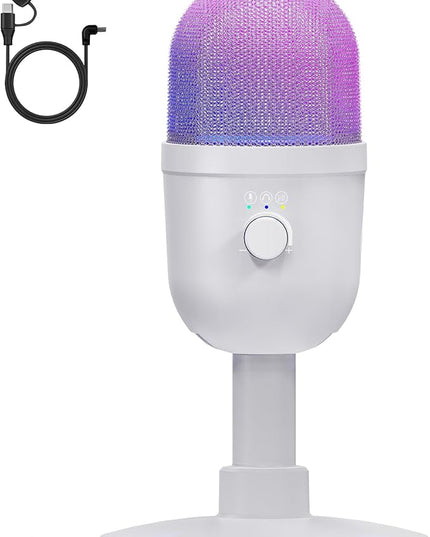 USB Microphone for PC - Computer Gaming Mic with RGB Lighting for PS4&5,Dual Audio Mixing,Mute,Headphone Output,192KHz/24Bit Hi-Fi Condenser Microphone for Streaming,Singing,Podcast-White