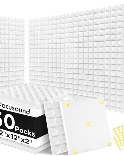 Focusound White Acoustic Panels 50 Pack 2"x12"x12" with 300 PCS Double-Side Adhesive - Sound Proof Pyramid Foam for Walls, Home Studio Noise Absorption & Echo Control Kit