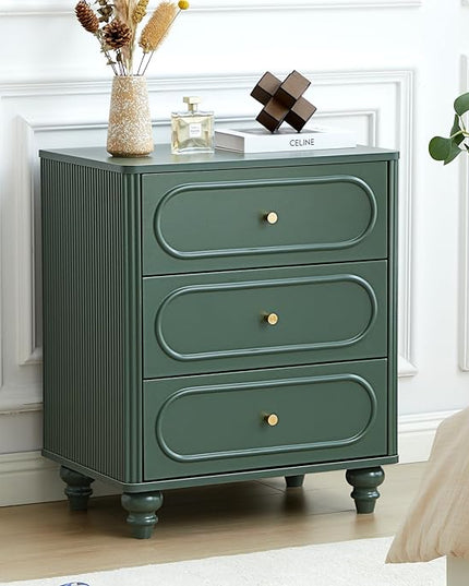3 Drawer Fluted Dresser for Bedroom, Mid Century Modern Chest of Drawers, Wood Storage Small Dresser Organizer for Bedroom Living Room Hallway Closet, Green