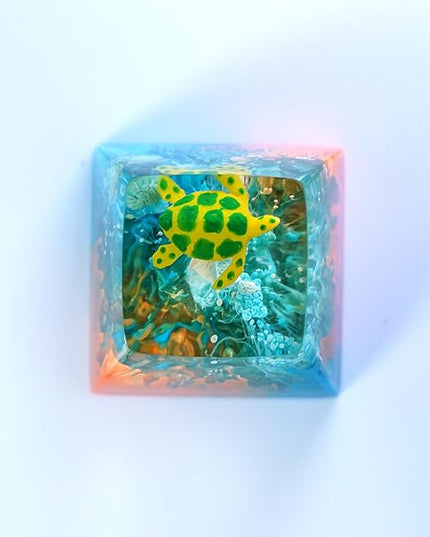 Sea Turtle Artisan Keycap Orange and Blue Coral R1 SA Profile Custom Sea Creatures Keycaps 1U ESC Handmade Gaming Ocean Resin Key Cap Cherry MX Switch Compatible Mechanical Keyboard Turtle Lover Gift