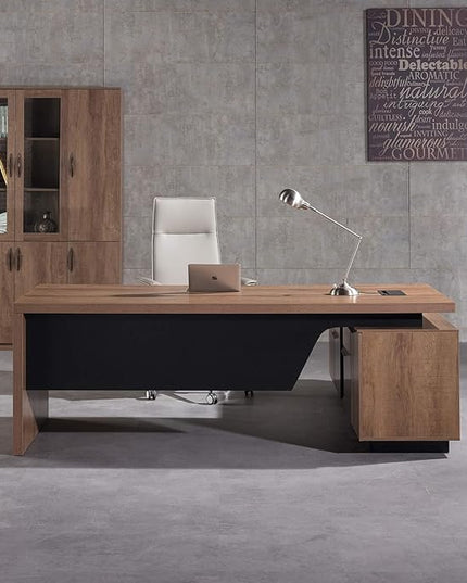 Retractable L-Shaped Executive Desk, Modern Office Desk with Drawers and Lateral File Cabinet, Large Computer Desk with Storage Shelves, Workstation for Home Office (Left Return, 86.6 - 94.5 IN)