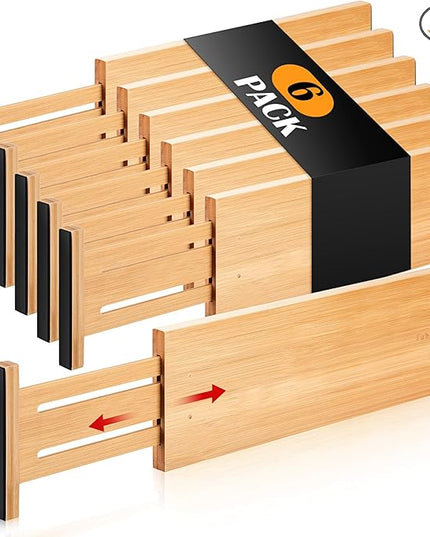 Fabsome Dresser Drawer Organizers 6 Pack, 4.65'' High Adjustable from 12.5-17‘’ Bamboo Drawer Dividers for Clothing Baby Clothes, Wooden Separators for Dresser Nursery Organization with Soft Foam Ends