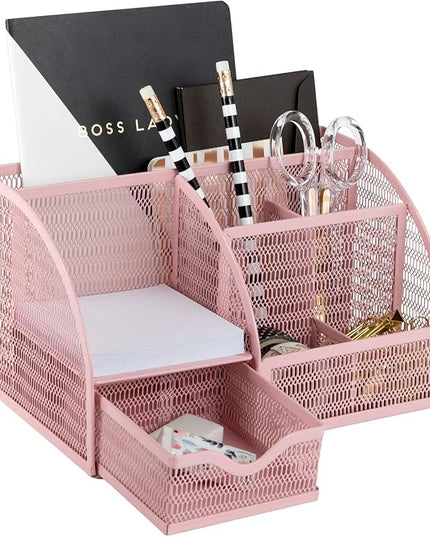 BLU MONACO | Light Pink Desk Organizer | Metal Drawer Desk Organizer with 6 Compartments and 1 Drawer | Cute Office Accessories for Women Home School