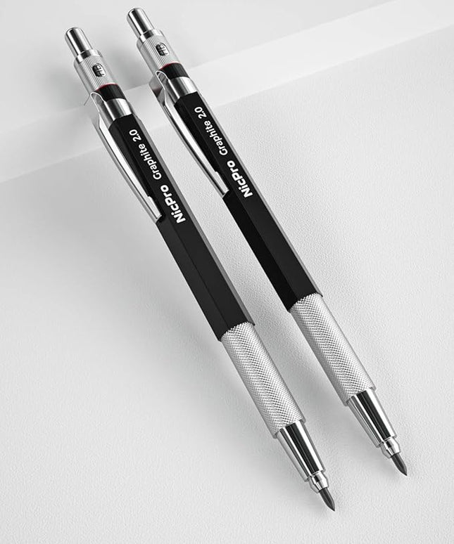 Nicpro 2mm Metal Mechanical Pencil Set, 2PCS Lead Holder 2.0 mm Marker Artist Carpenter Pencils with 120 Graphite Lead Refill (HB 2H 4H 2B 4B & Color), 2 Eraser for Drafting, Drawing Writing Sketching