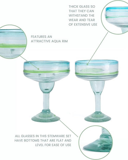 Mexican Glassware, Aqua Rims 16oz Margarita Glasses, Set of 2 Unique Hand Blown Glass, Handcrafted by Talented Artisans Thick & Sturdy Easy to hold