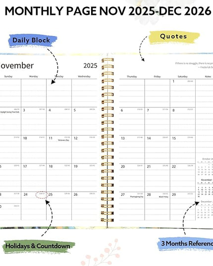 2026 Planner, Weekly and Monthly Planner, January 2026 - December 2026, Calendar Planner A5 (6.5" x 8.5") with Tabs, Inner Pocket for Home School Office Supplies, Yellow Flower