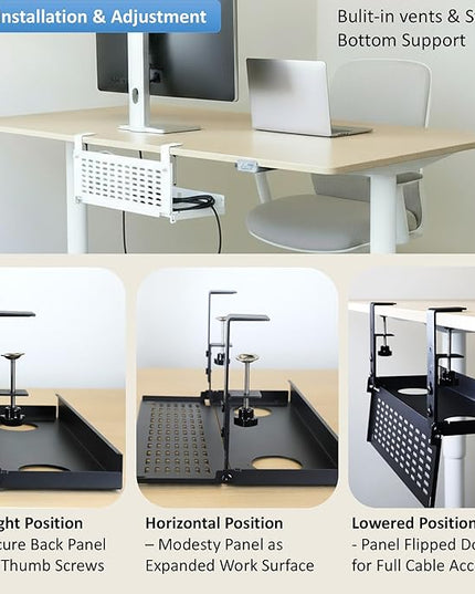 AEONS Universal Under Desk Cable Management Tray-Clamp Mount Hinged Swing Modesty Panel Organizer for Office Desks Easy Access Flip-Down position Power Strip Cord Storage No-Drill 25 lb Capacity White
