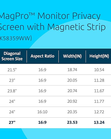 Kensington MagPro 27 Inch Magnetic Computer Privacy Screen for Desktop, Removable 16:9 Computer Privacy Filter, Anti-Glare Blue Ray Reduction, Compatible with Slim Bezel Monitors, K55419WW
